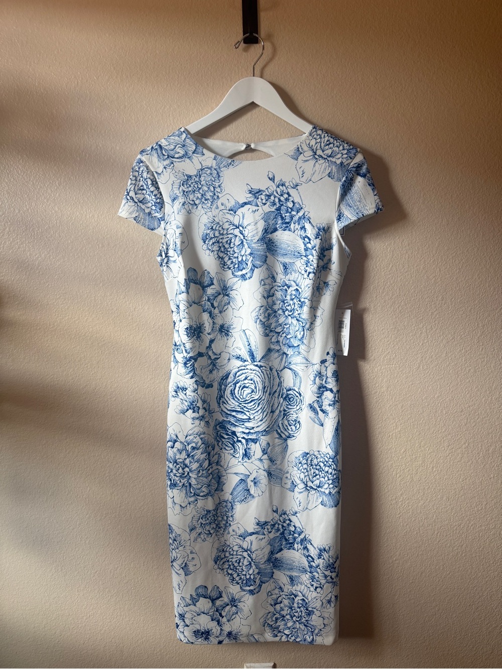 Premier Amour Floral-Print White Midi Dress with Blue Bloom Motif